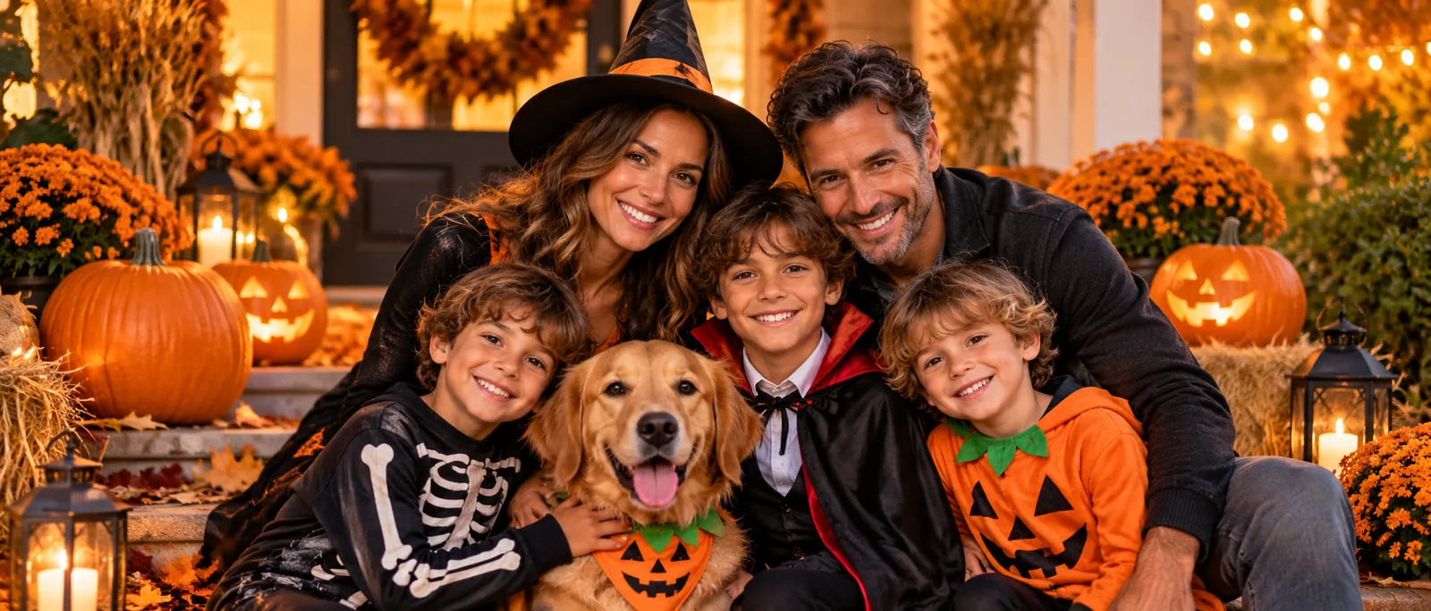 Kindos family together on a warm Halloween porch with pumpkins and fall decorations